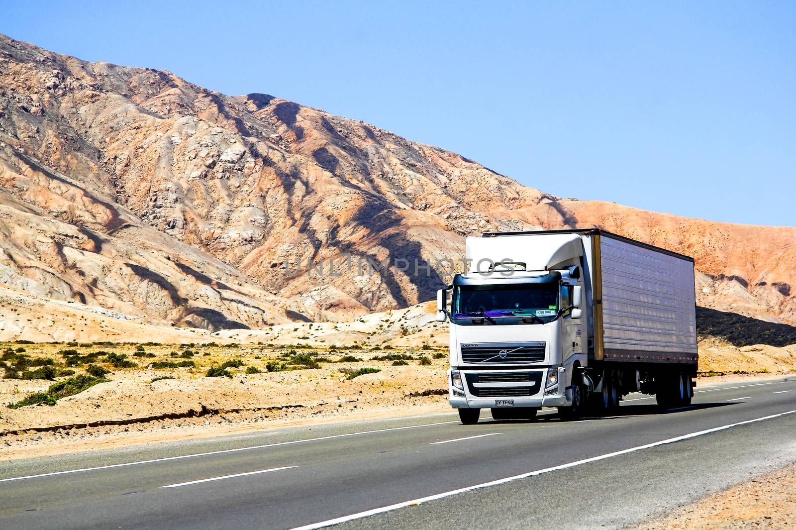 ATACAMA, CHILE - NOVEMBER 14, 2015: Semi-trailer truck Volvo FH12 at the interurban freeway.