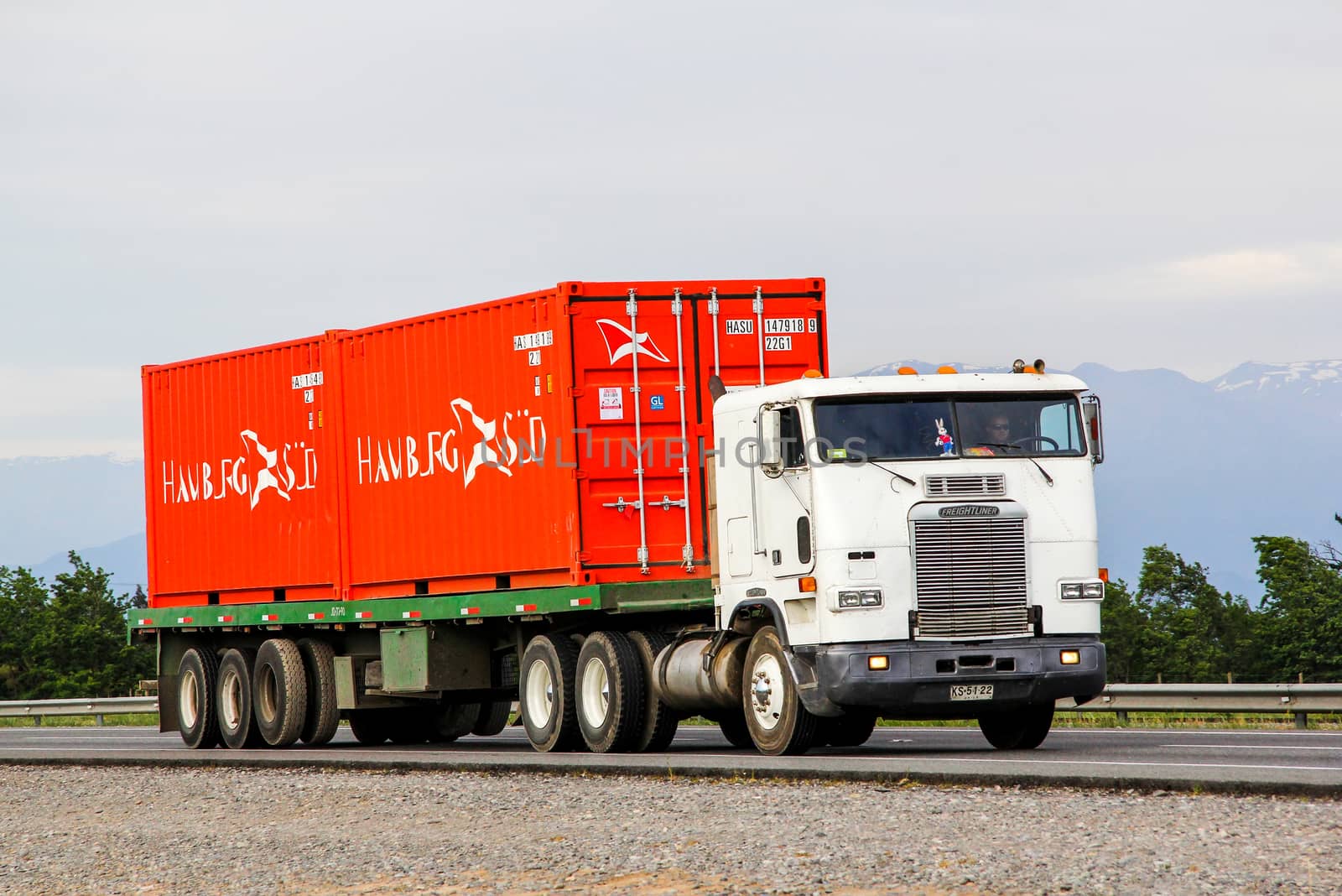 O'HIGGINS, CHILE - NOVEMBER 19, 2015: Semi-trailer truck Freightliner FLB at the Pan-American Highway.