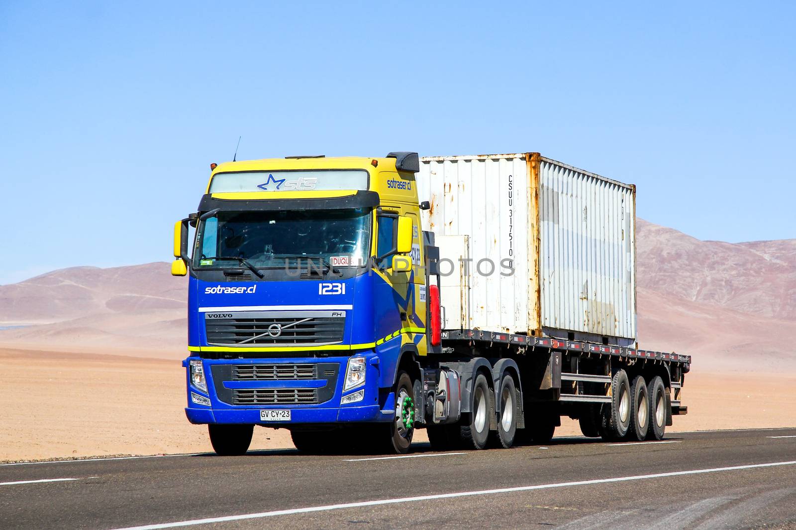 ATACAMA, CHILE - NOVEMBER 14, 2015: Semi-trailer truck Volvo FH12 at the Pan-American Highway.