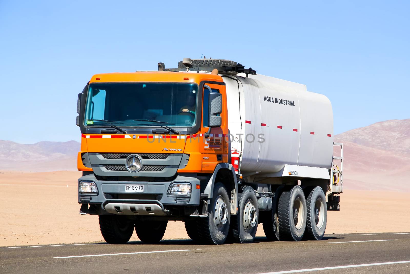 ATACAMA, CHILE - NOVEMBER 14, 2015: Cistern truck Mercedes-Benz Actros 4144 at the interurban freeway.