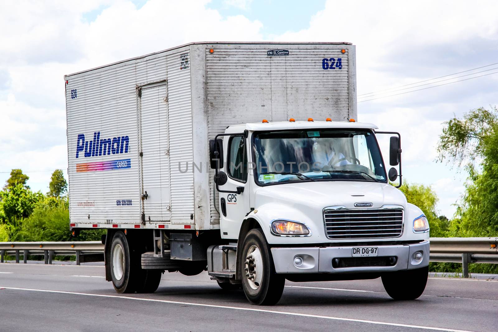 BIO-BIO, CHILE - NOVEMBER 23, 2015: Cargo truck Freightliner Business Class at the interurban freeway.