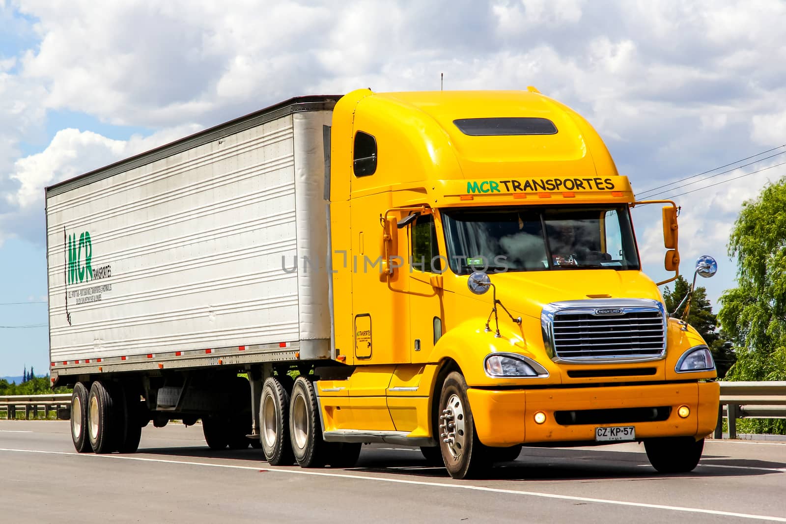 BIO-BIO, CHILE - NOVEMBER 23, 2015: Cargo truck Freightliner Columbia at the interurban freeway.