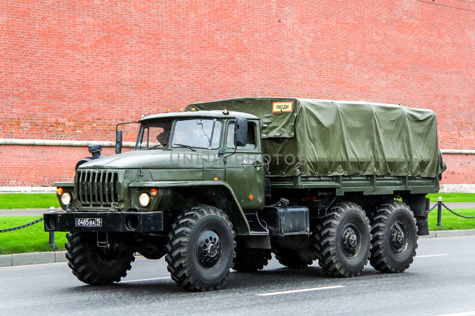 MOSCOW, RUSSIA - MAY 6, 2012: Russian military truck URAL 4320 in the city street.