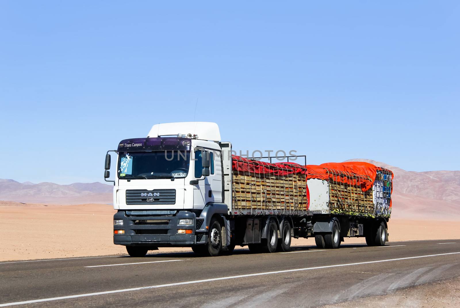 ATACAMA, CHILE - NOVEMBER 14, 2015: Modern truck MAN TGA at the interurban freeway through the Atacama desert.
