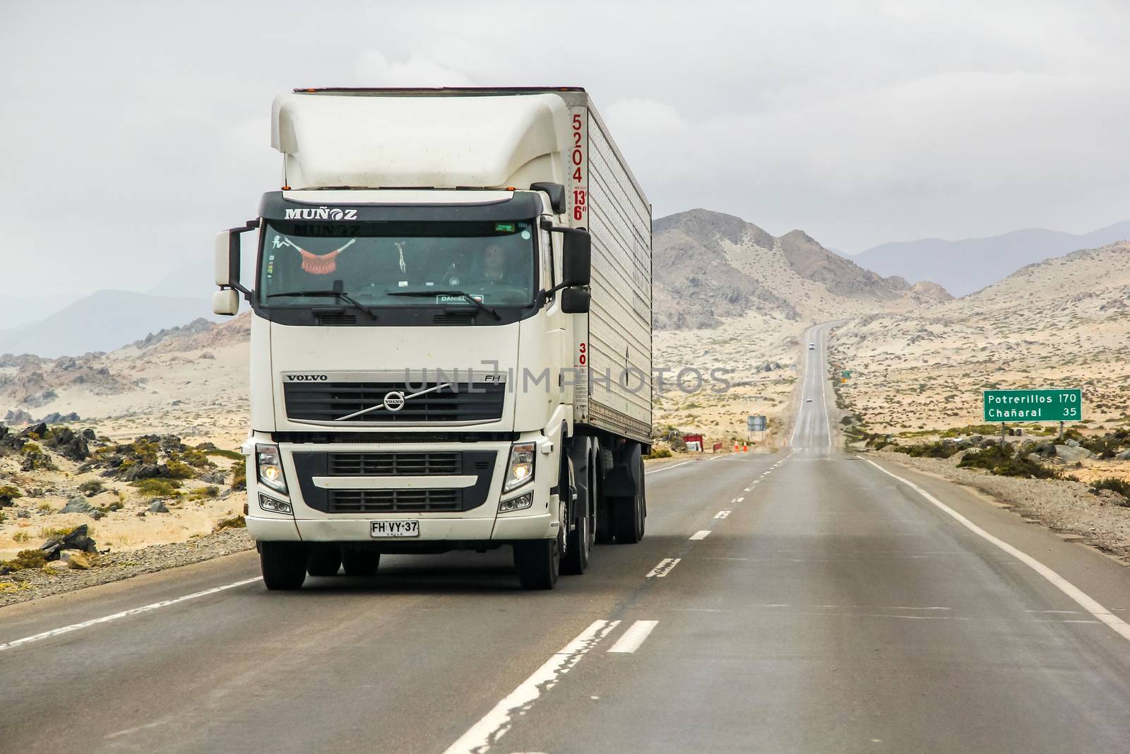 ATACAMA, CHILE - NOVEMBER 14, 2015: Semi-trailer truck Volvo FH12 at the interurban freeway.