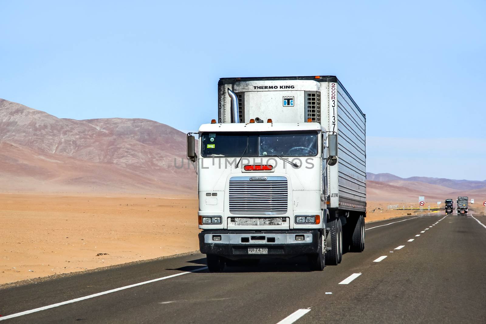 ATACAMA, CHILE - NOVEMBER 14, 2015: Semi-trailer truck Freightliner FLB at the interurban freeway.