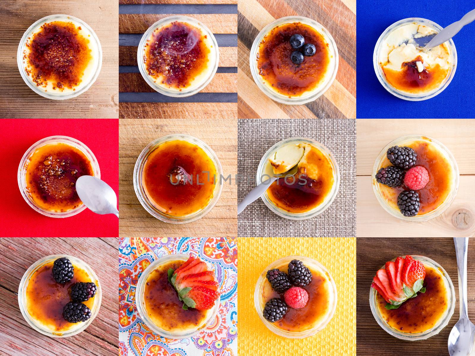 Twelve top down variations of delicious custard creme desert cups with various fruit toppings and pleasing table backgrounds