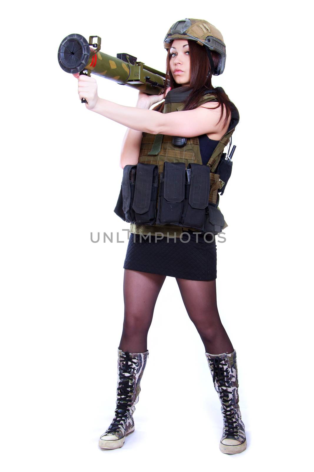 Woman in a military camouflage holding a grenade launcher isolated over white background