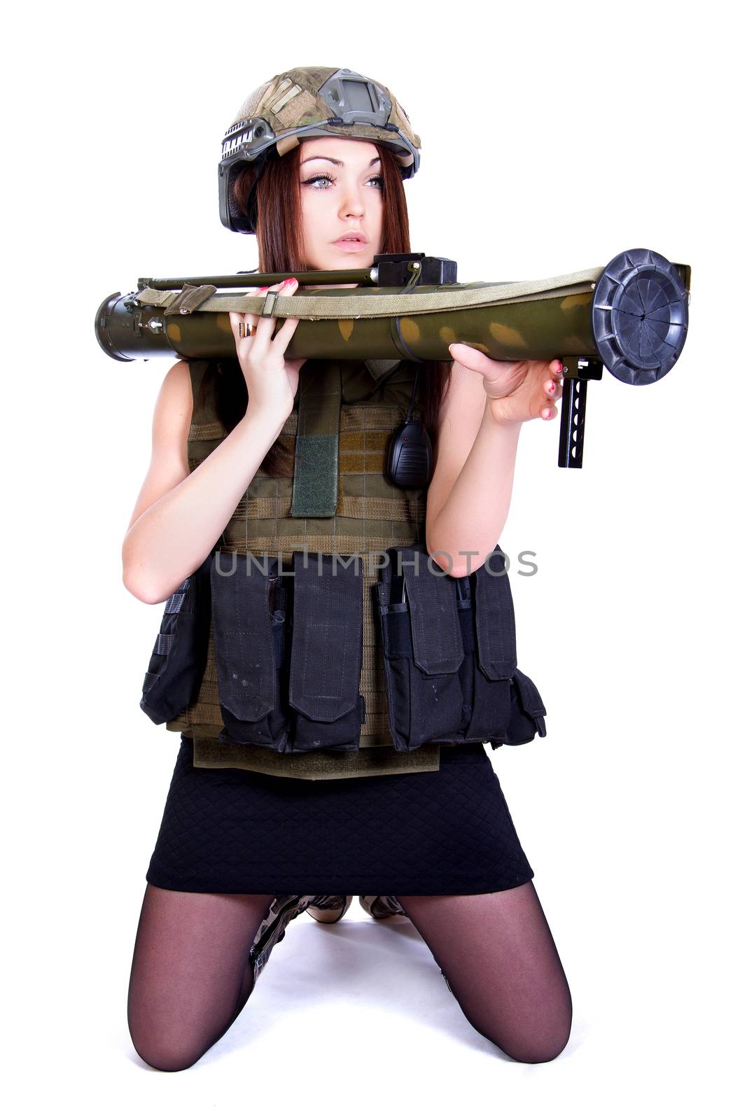 Woman in a military camouflage with a grenade launcher isolated over white background