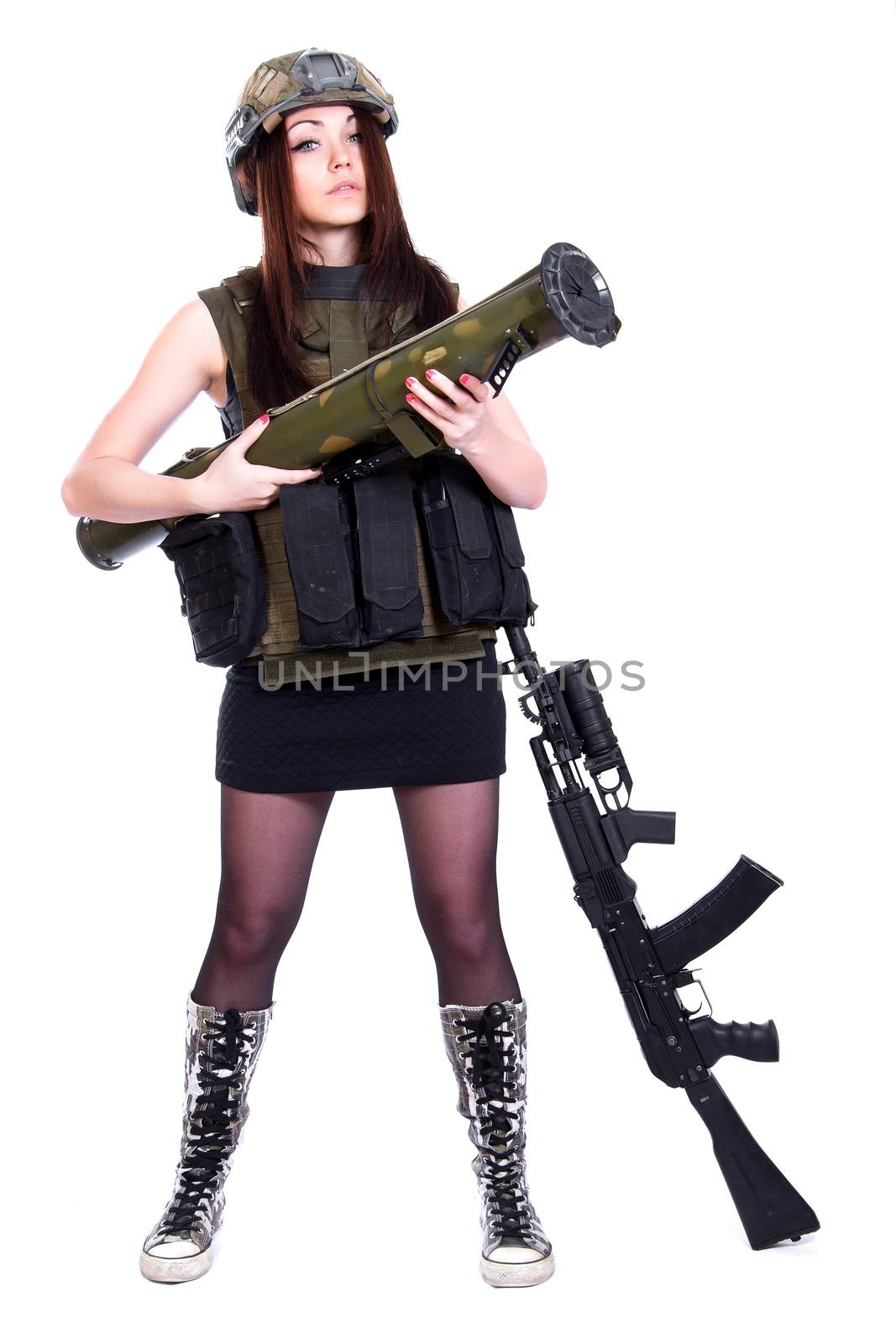 Woman in a military camouflage with a grenade launcher and an assault rifle isolated over white background