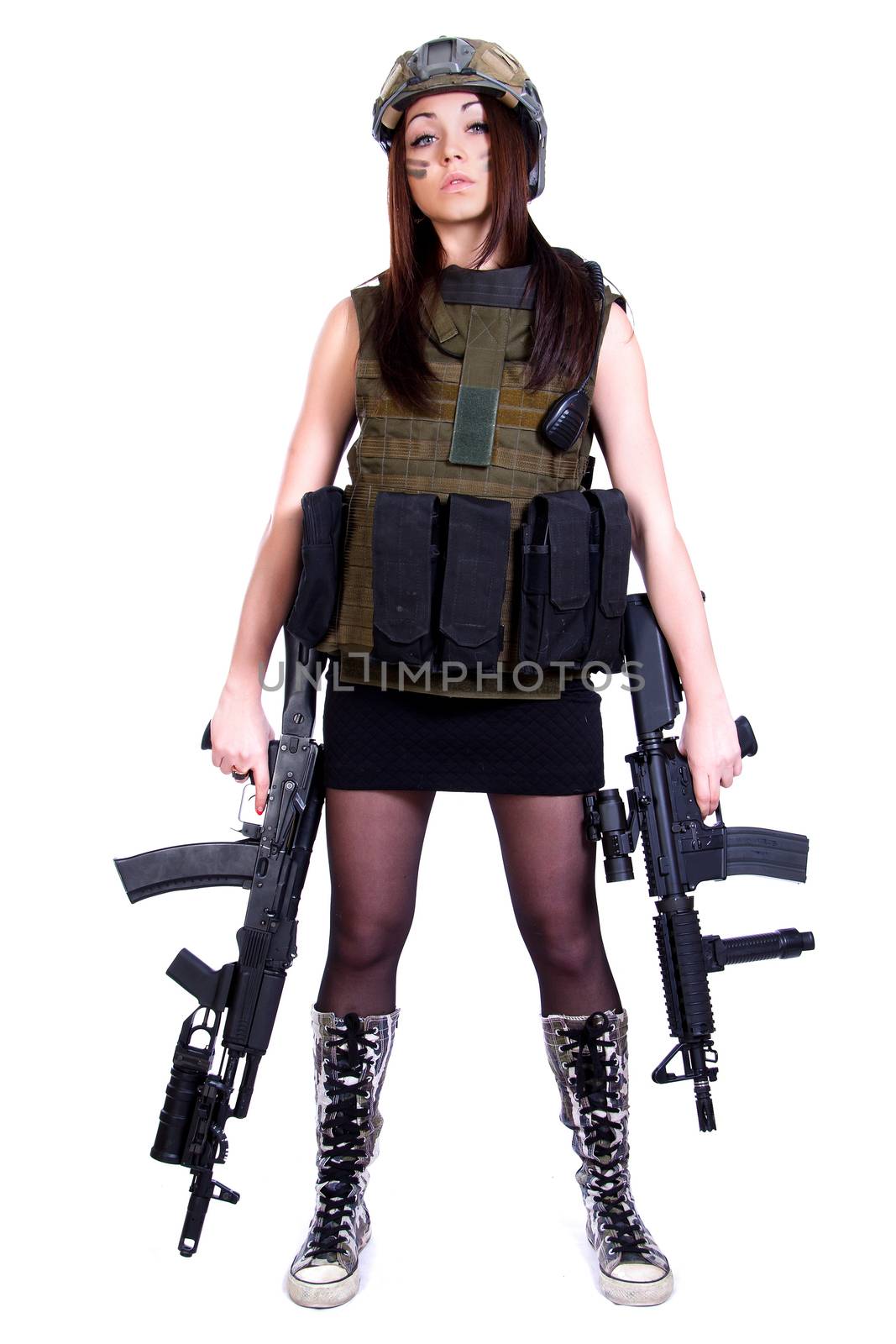 Woman in a military camouflage with two assault rifles by Artzzz