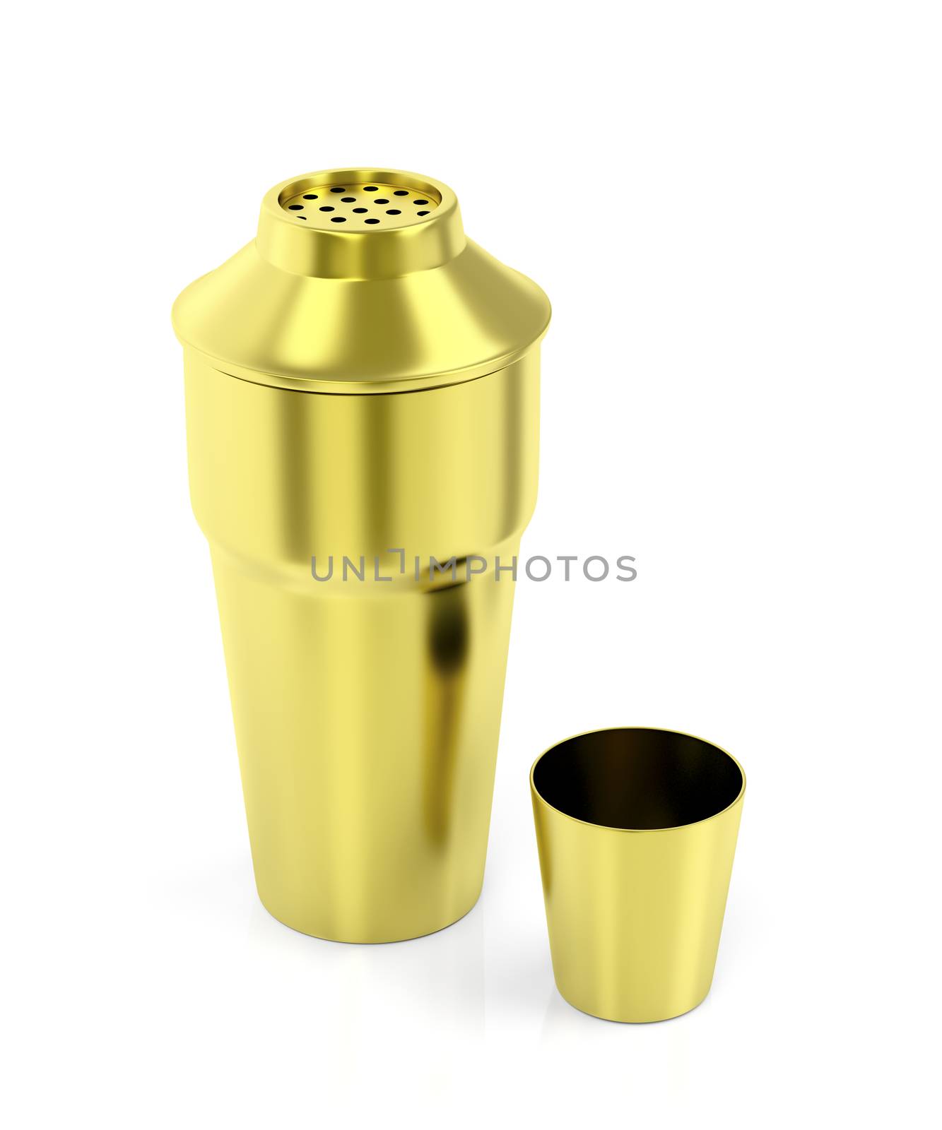 Gold cocktail shaker on shiny white background