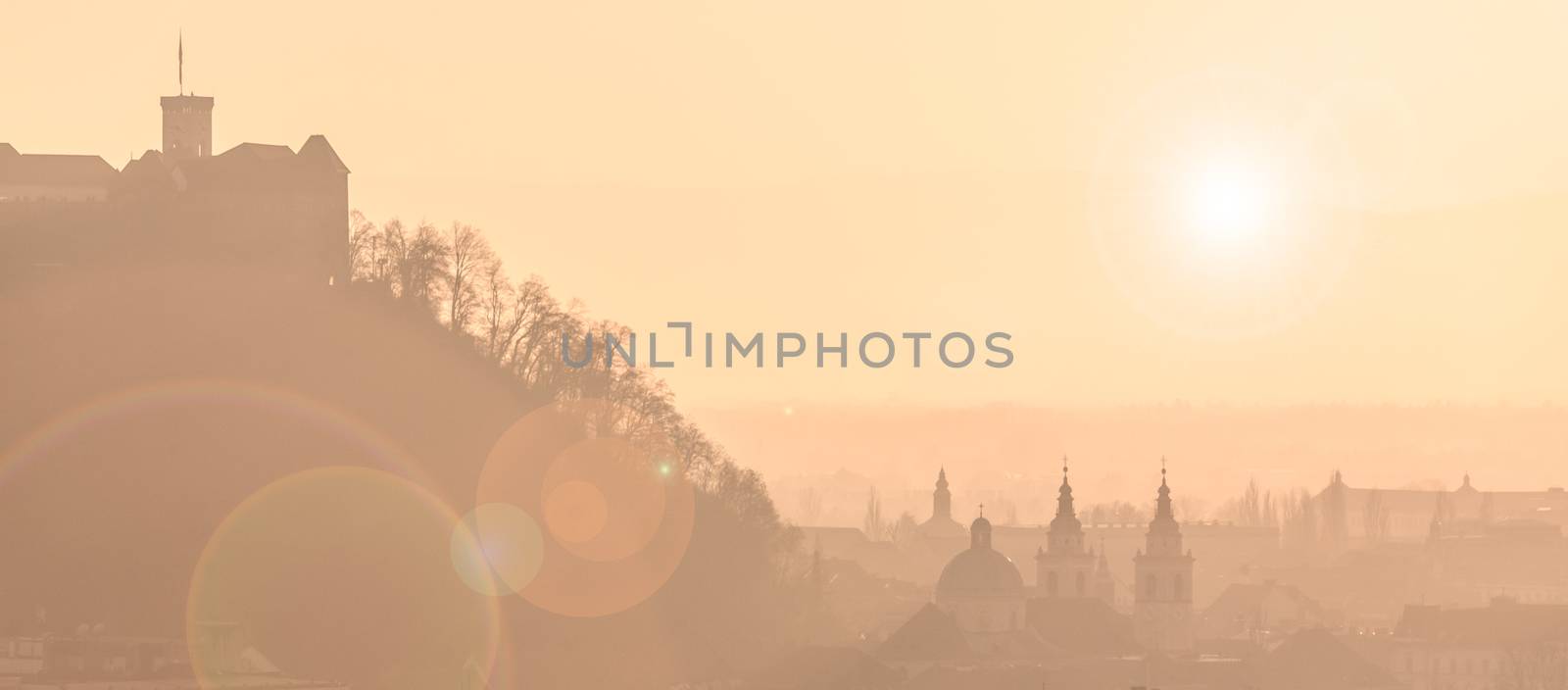 Cityscape of the Slovenian capital Ljubljana at sunset. 