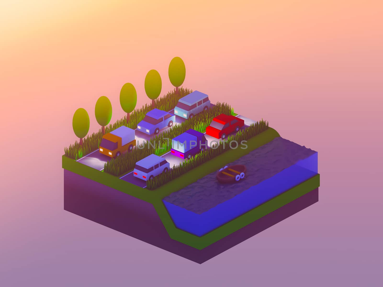  isometric city buildings, landscape, Road and river by teerawit
