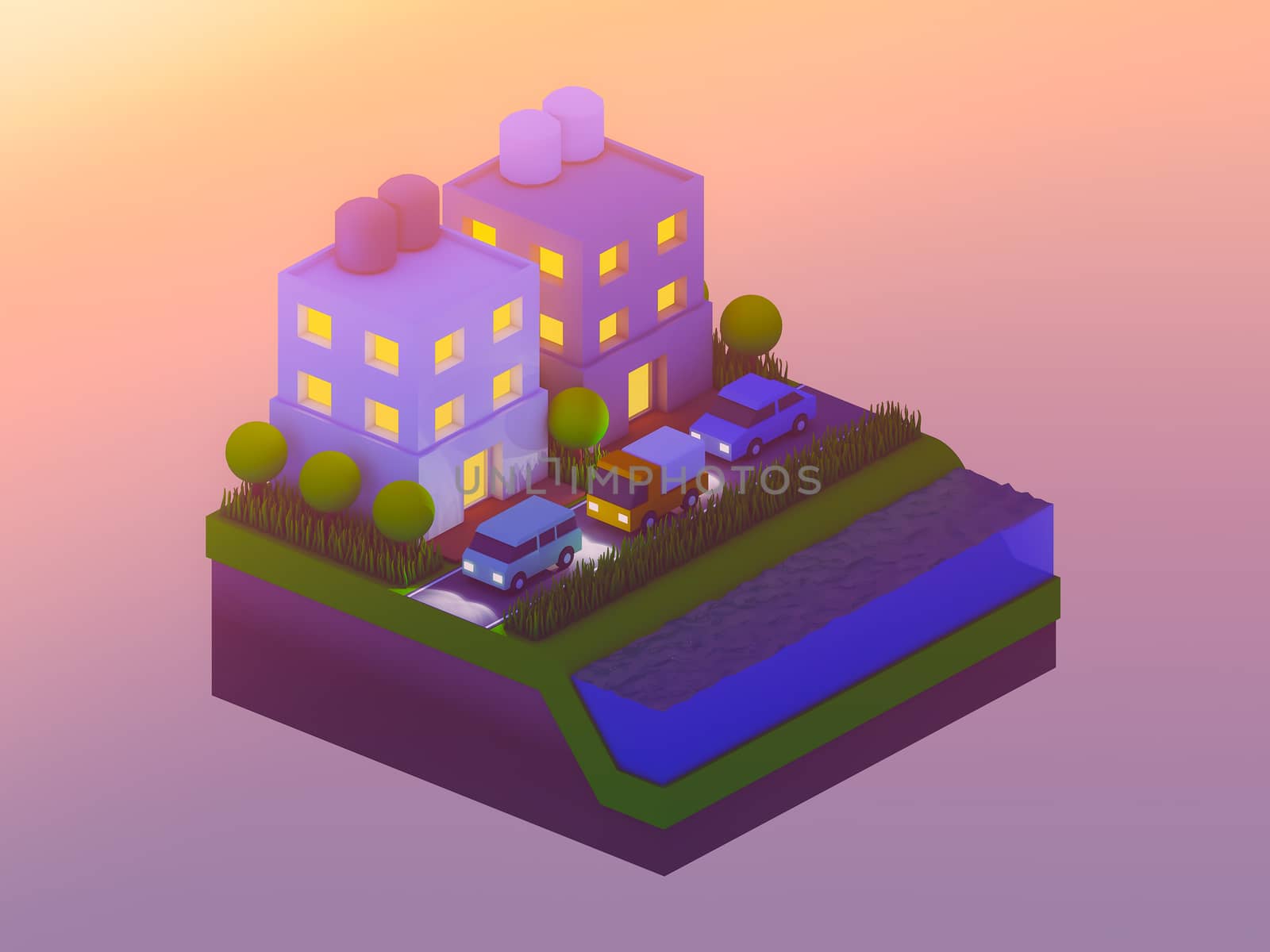  isometric city buildings, landscape, Road and river by teerawit