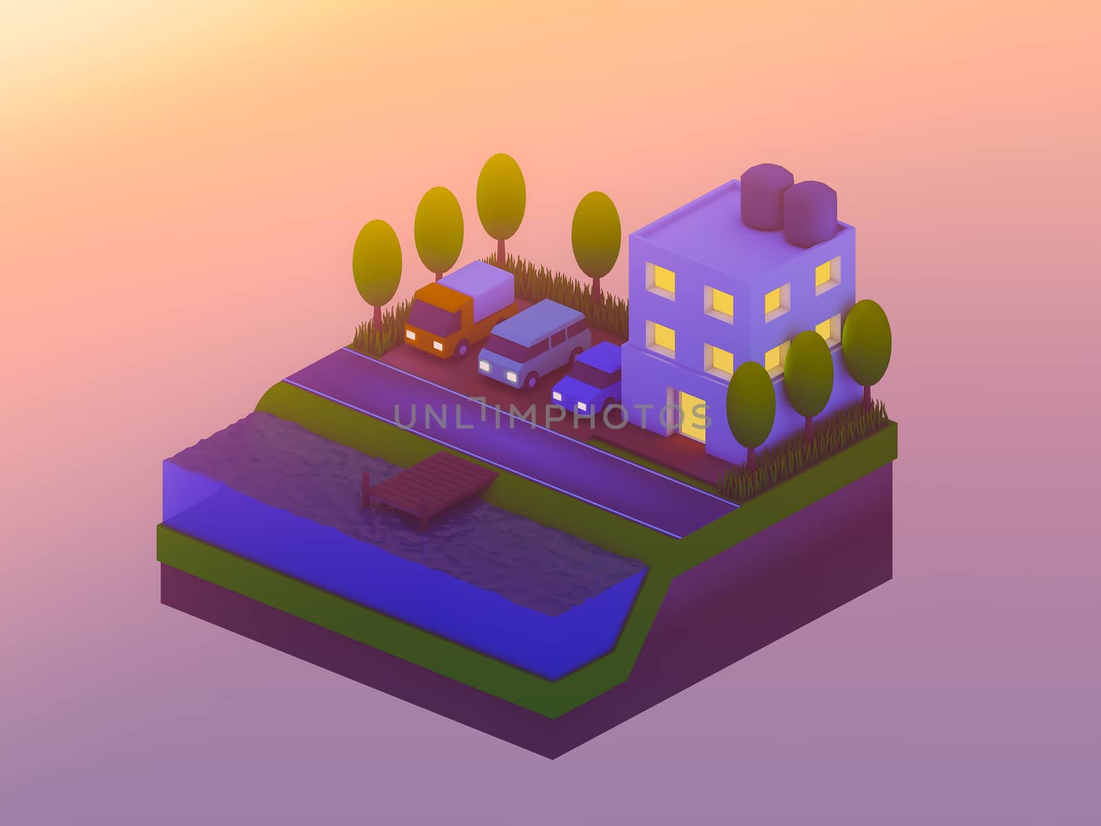  isometric city buildings, landscape, Road and river, isometric city background