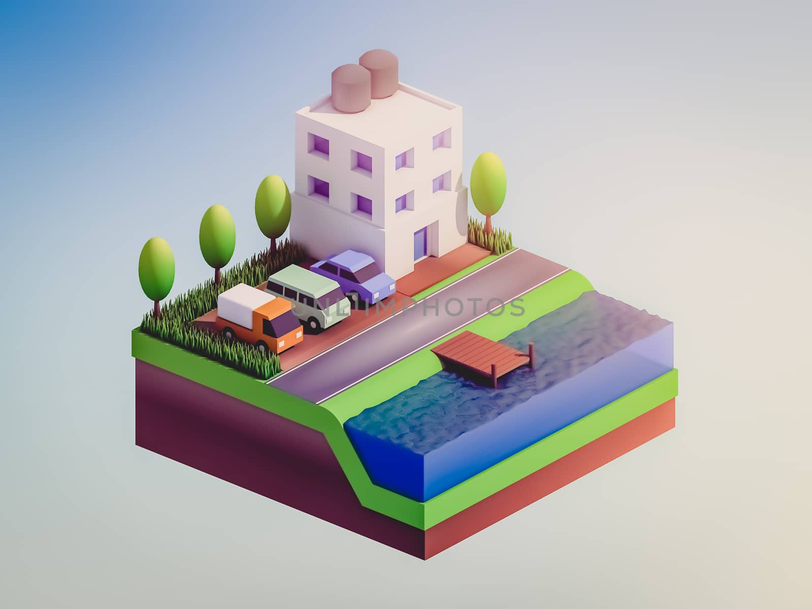  isometric city buildings, landscape, Road and river by teerawit