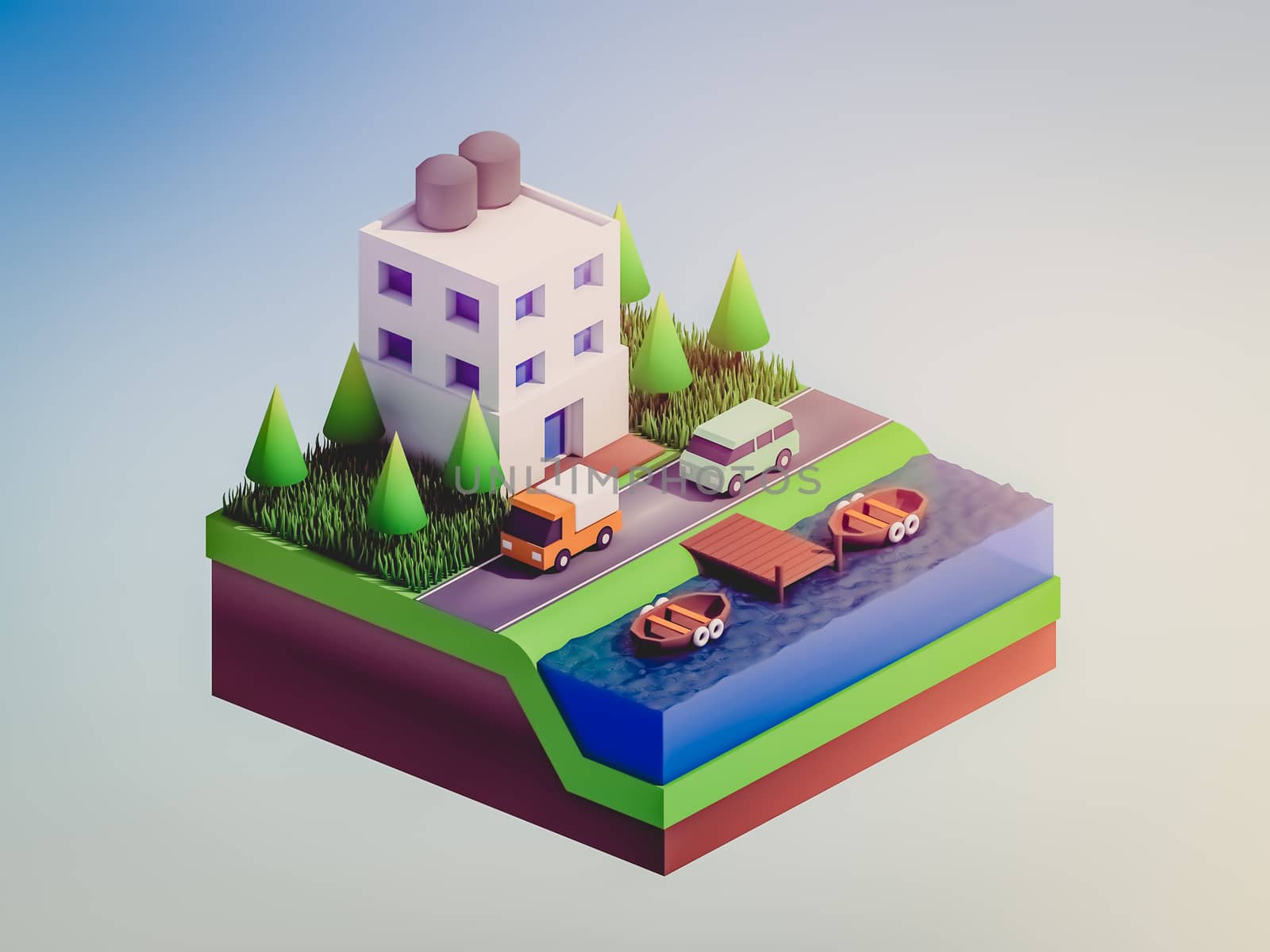  isometric city buildings, landscape, Road and river by teerawit