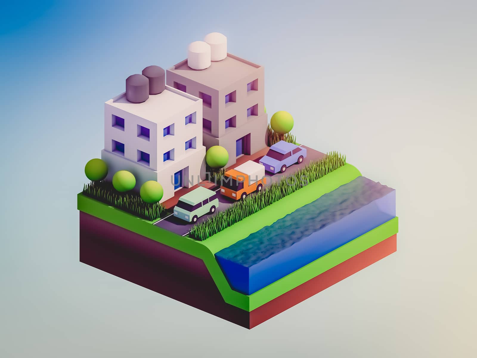  isometric city buildings, landscape, Road and river by teerawit