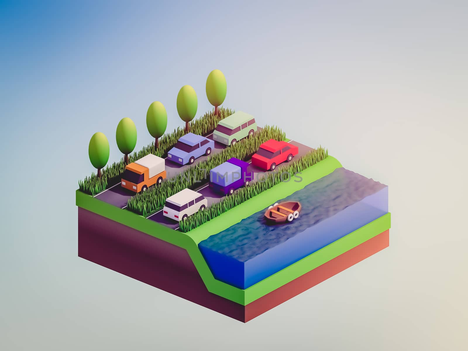  isometric city buildings, landscape, Road and river, isometric city background