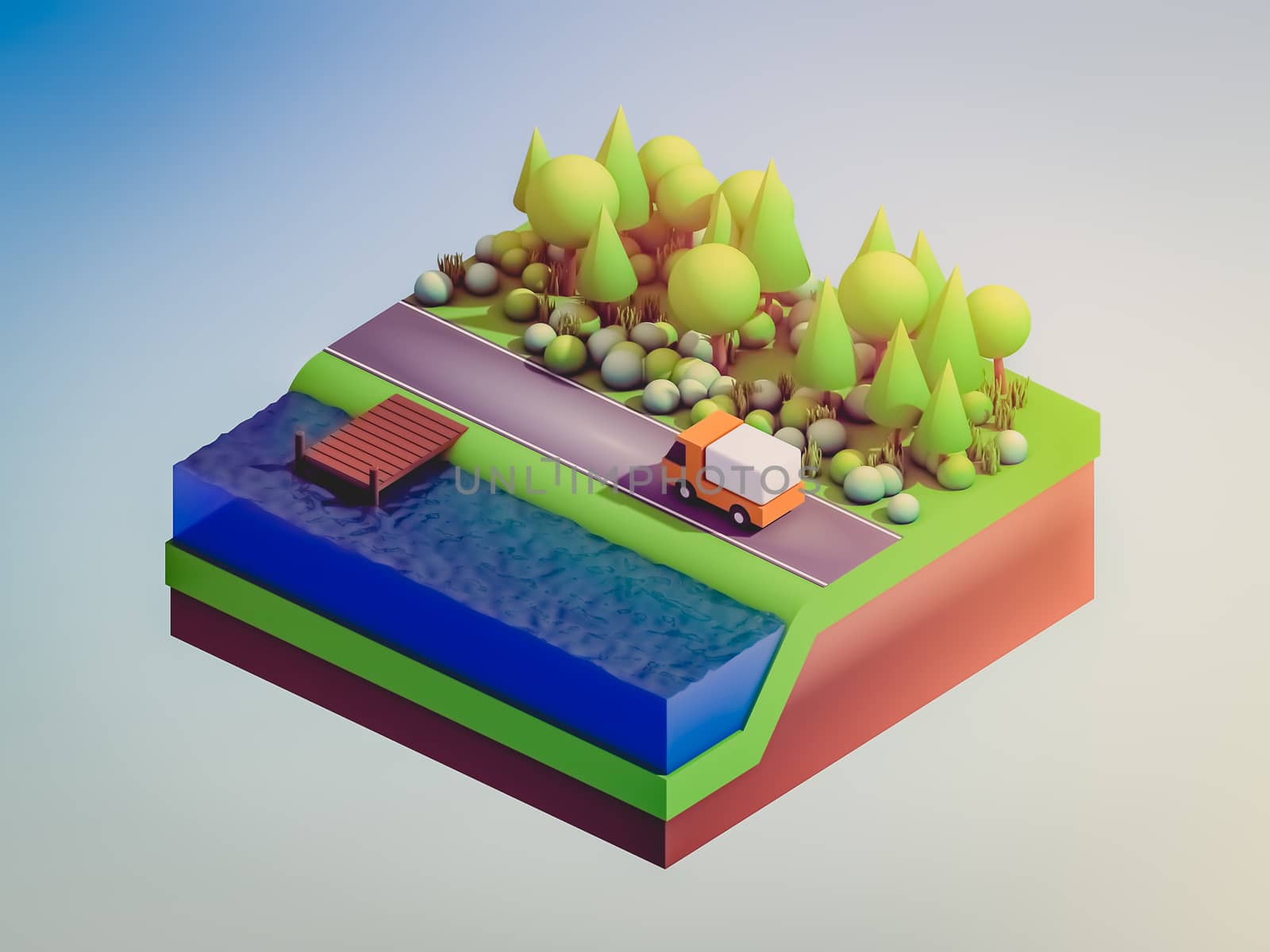  isometric city buildings, landscape, Road and river by teerawit