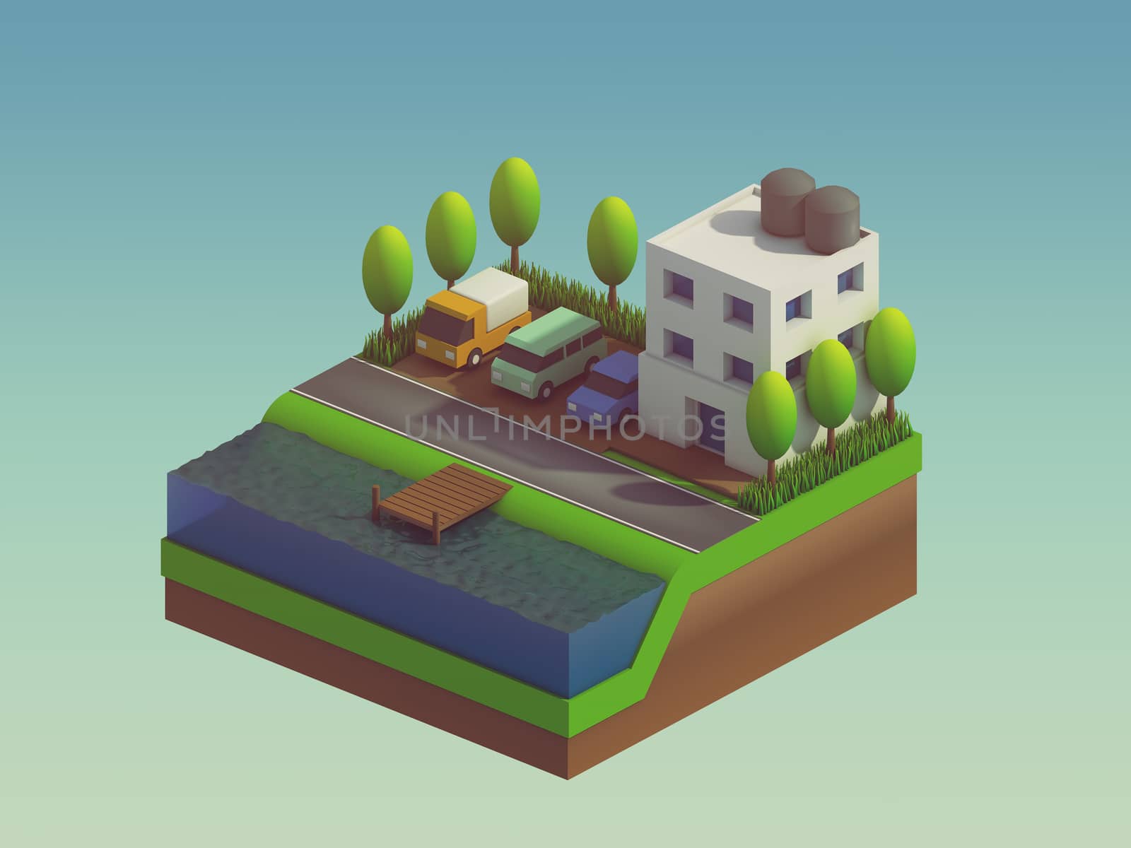  isometric city buildings, landscape, Road and river, isometric city background