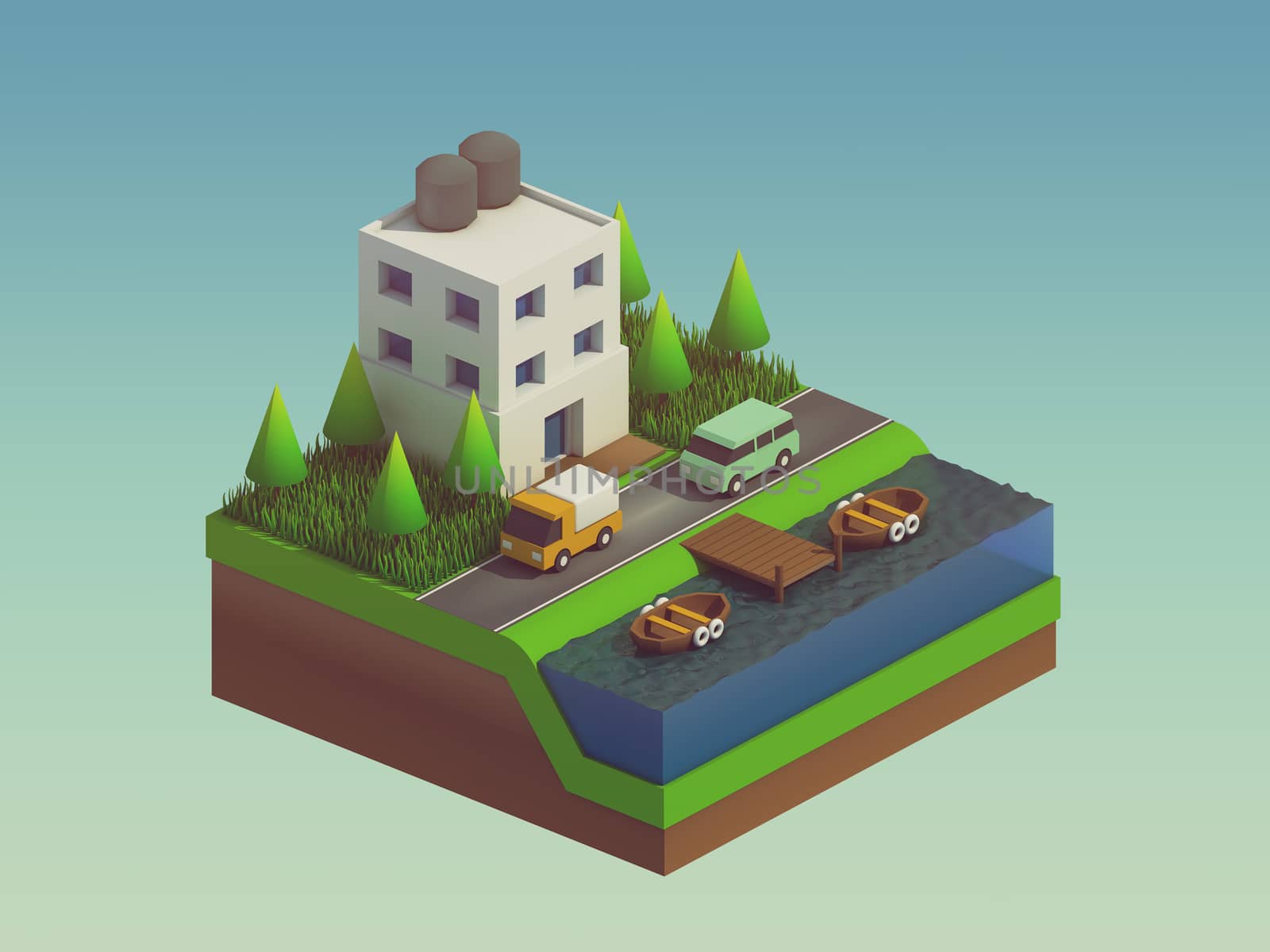  isometric city buildings, landscape, Road and river, isometric city background