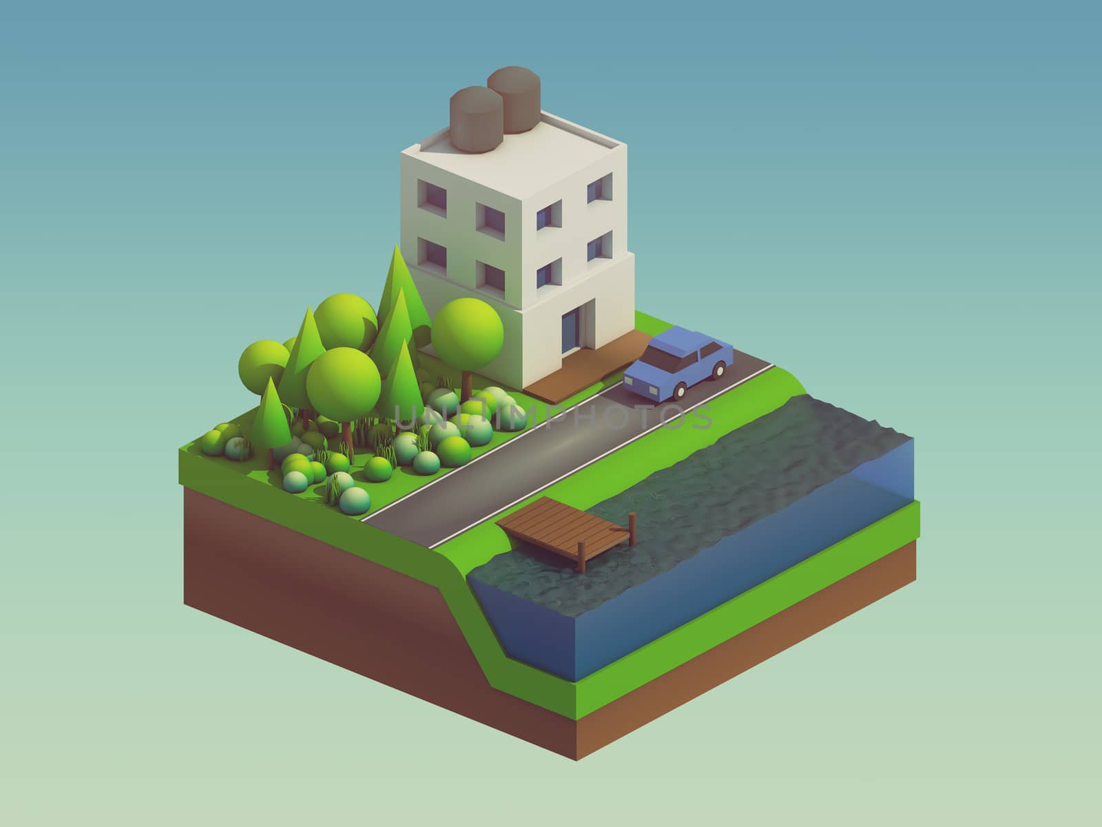  isometric city buildings, landscape, Road and river by teerawit