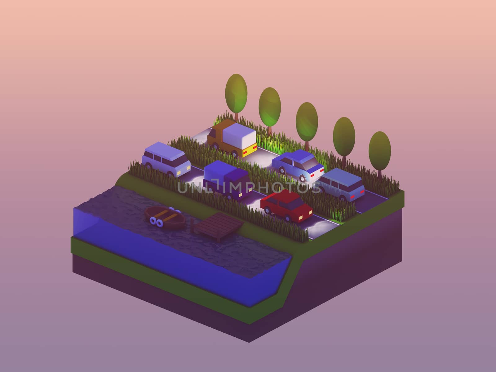  isometric city buildings, landscape, Road and river, isometric city background