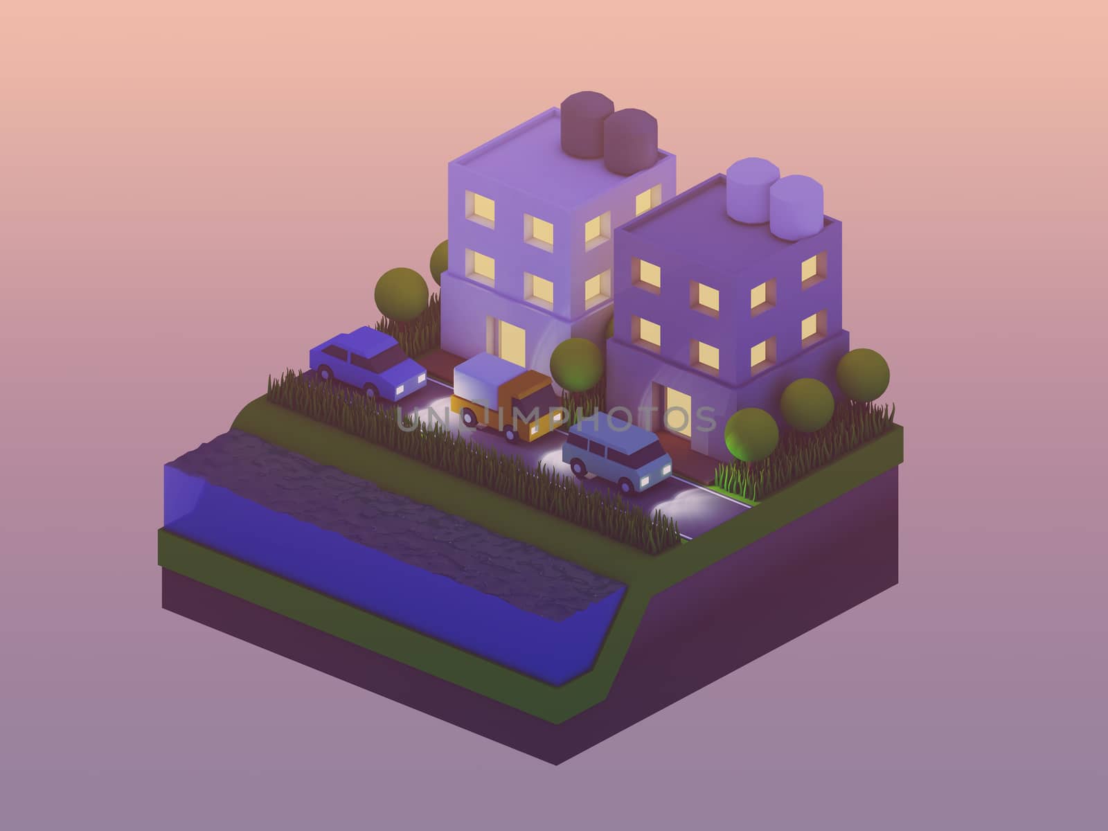  isometric city buildings, landscape, Road and river by teerawit