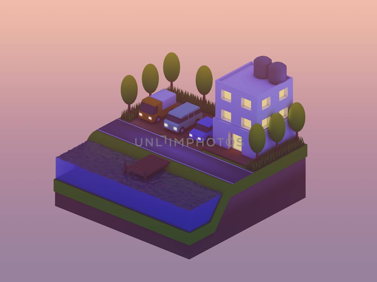  isometric city buildings, landscape, Road and river by teerawit