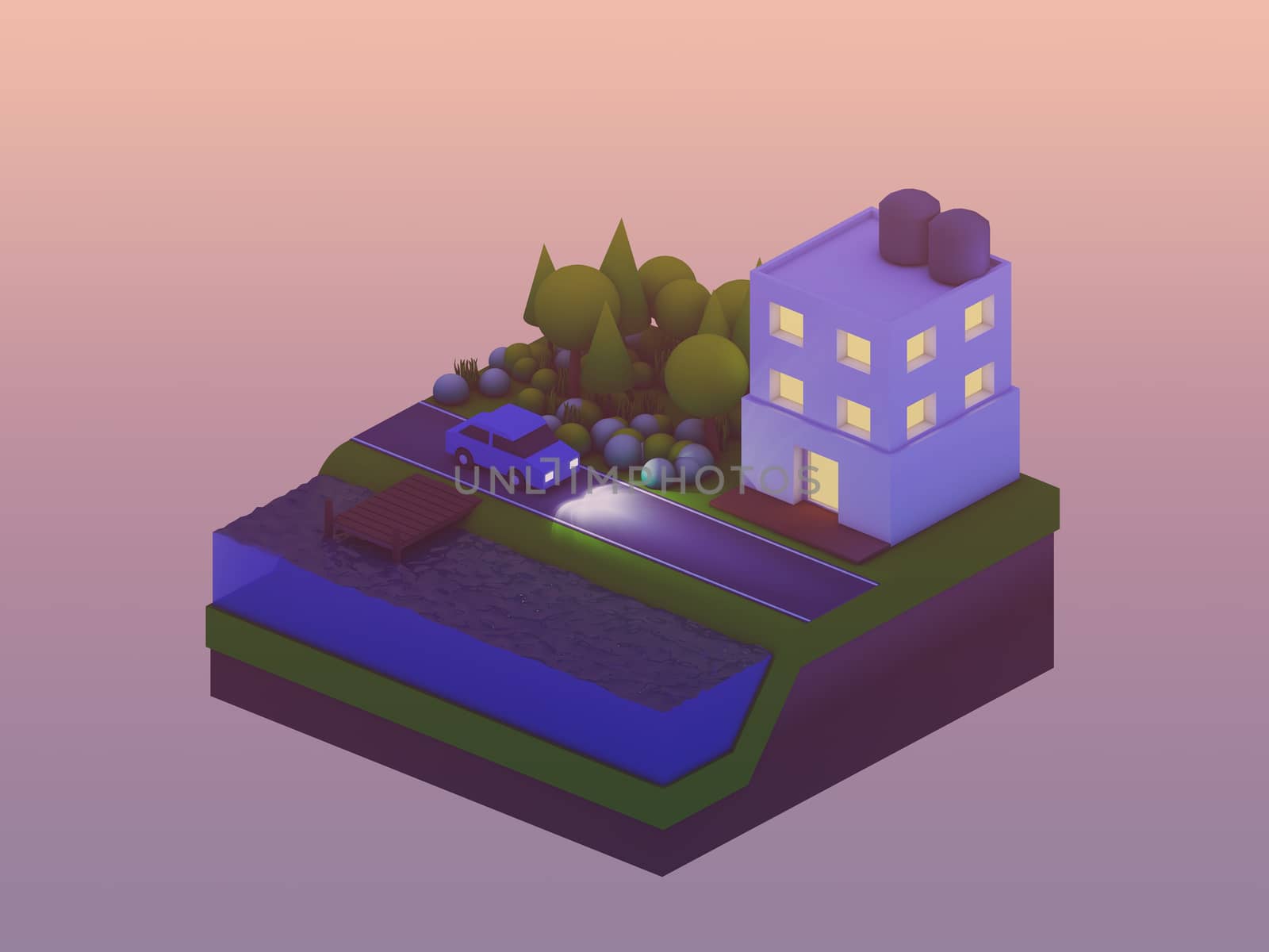  isometric city buildings, landscape, Road and river by teerawit