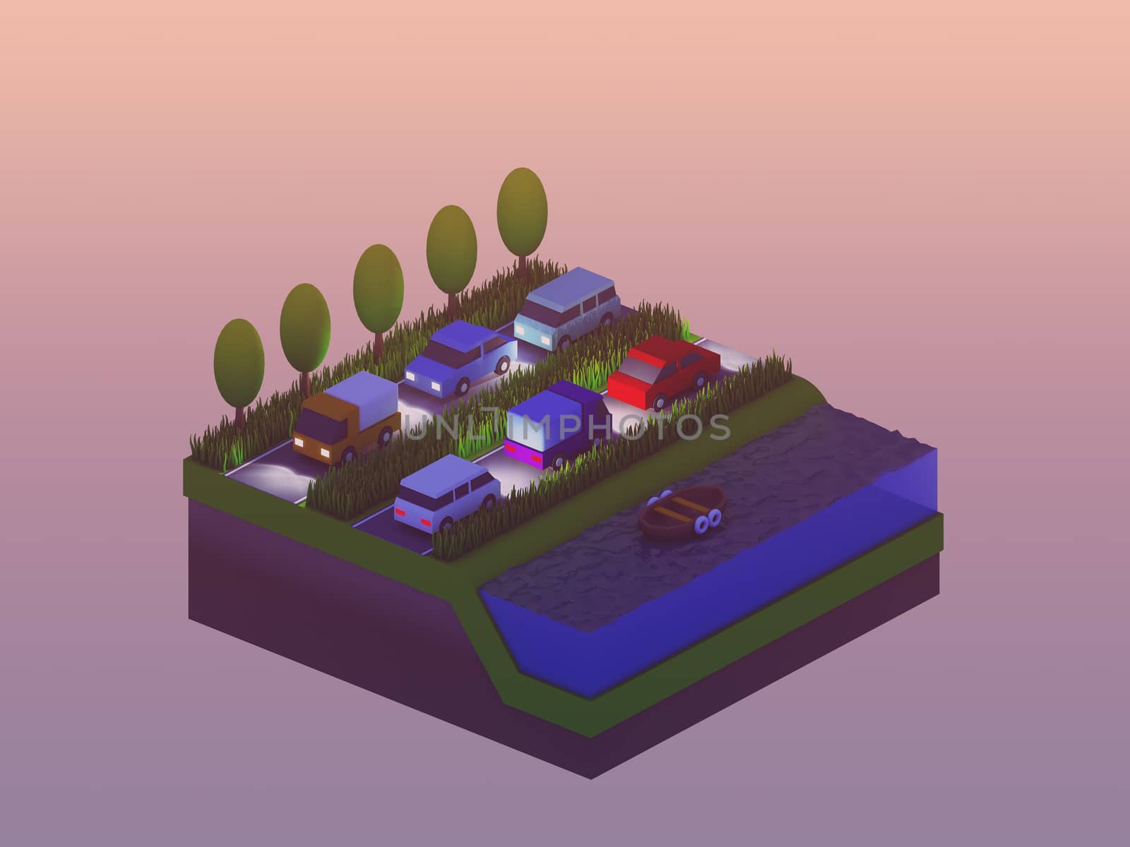  isometric city buildings, landscape, Road and river by teerawit