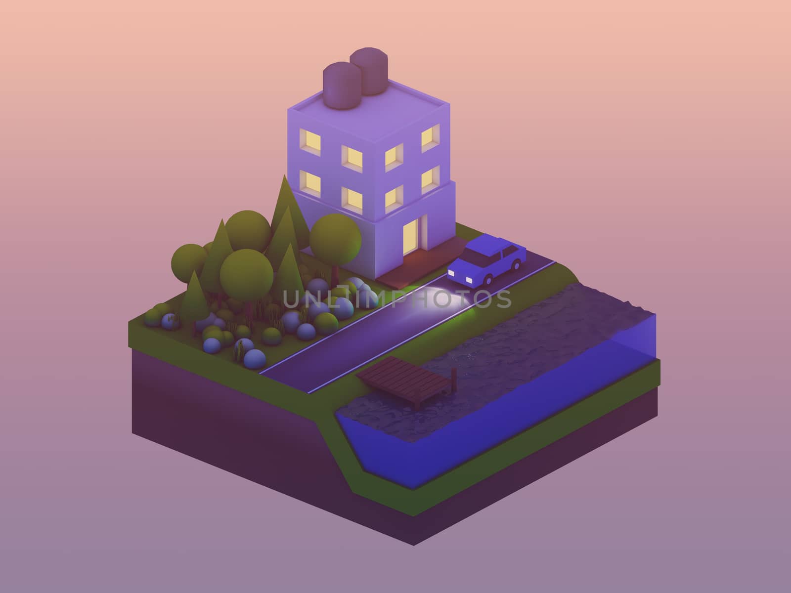  isometric city buildings, landscape, Road and river, isometric city background