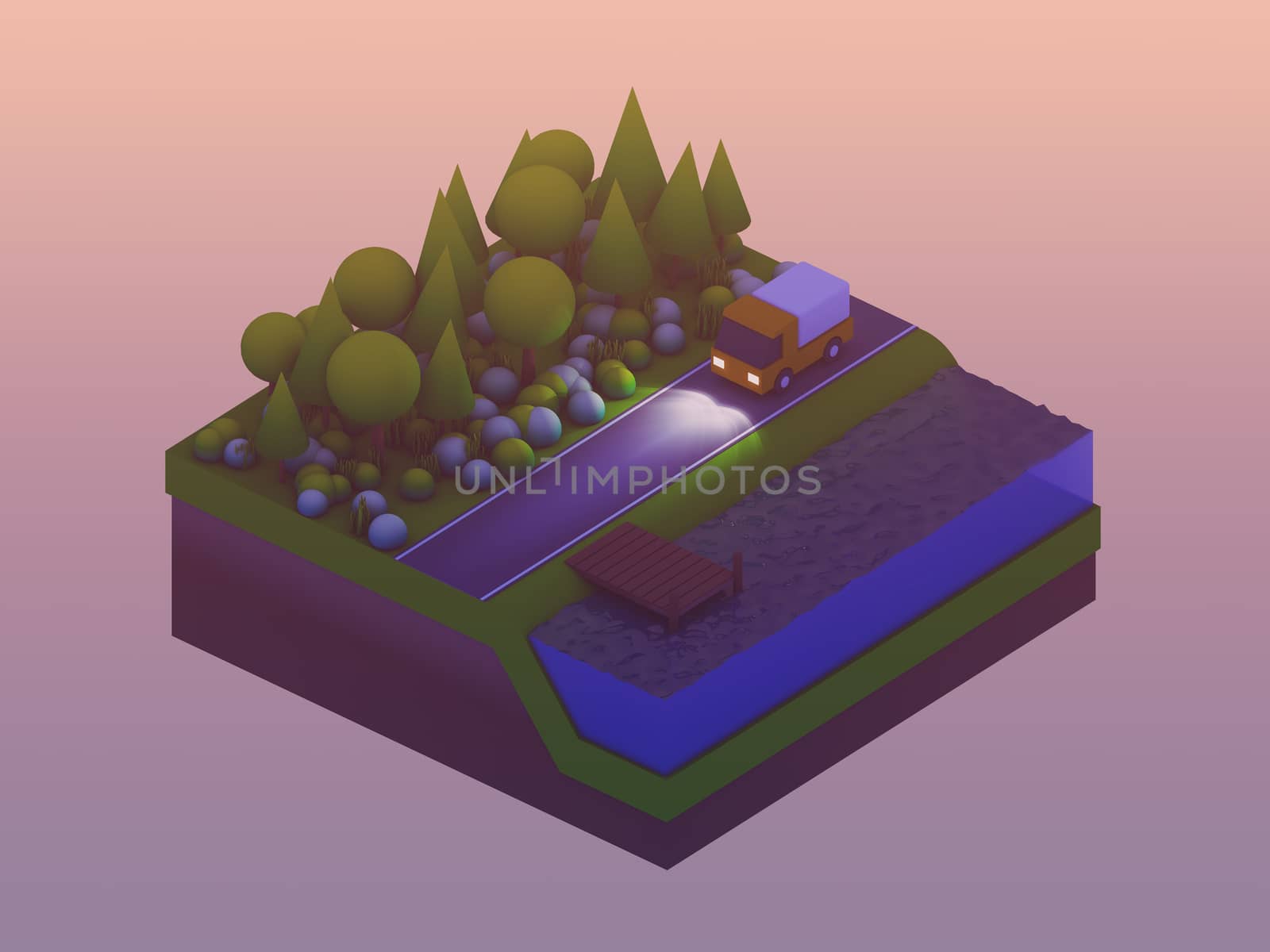  isometric city buildings, landscape, Road and river by teerawit