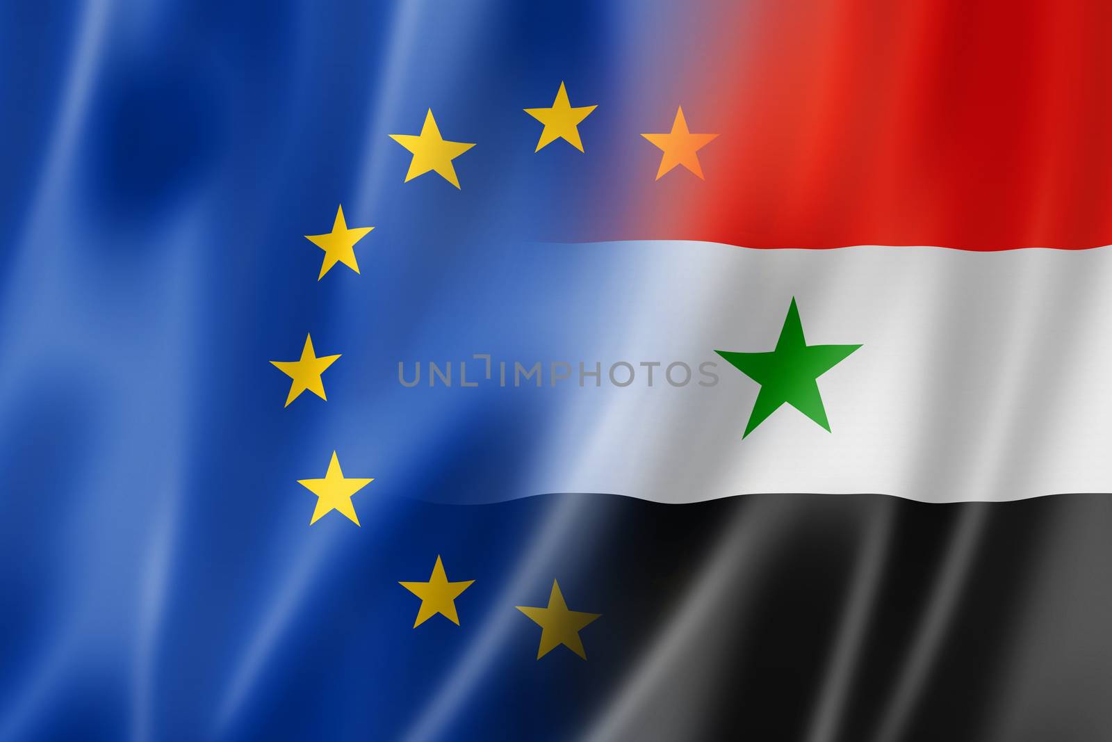 Mixed Europe and Syria flag, three dimensional render, illustration