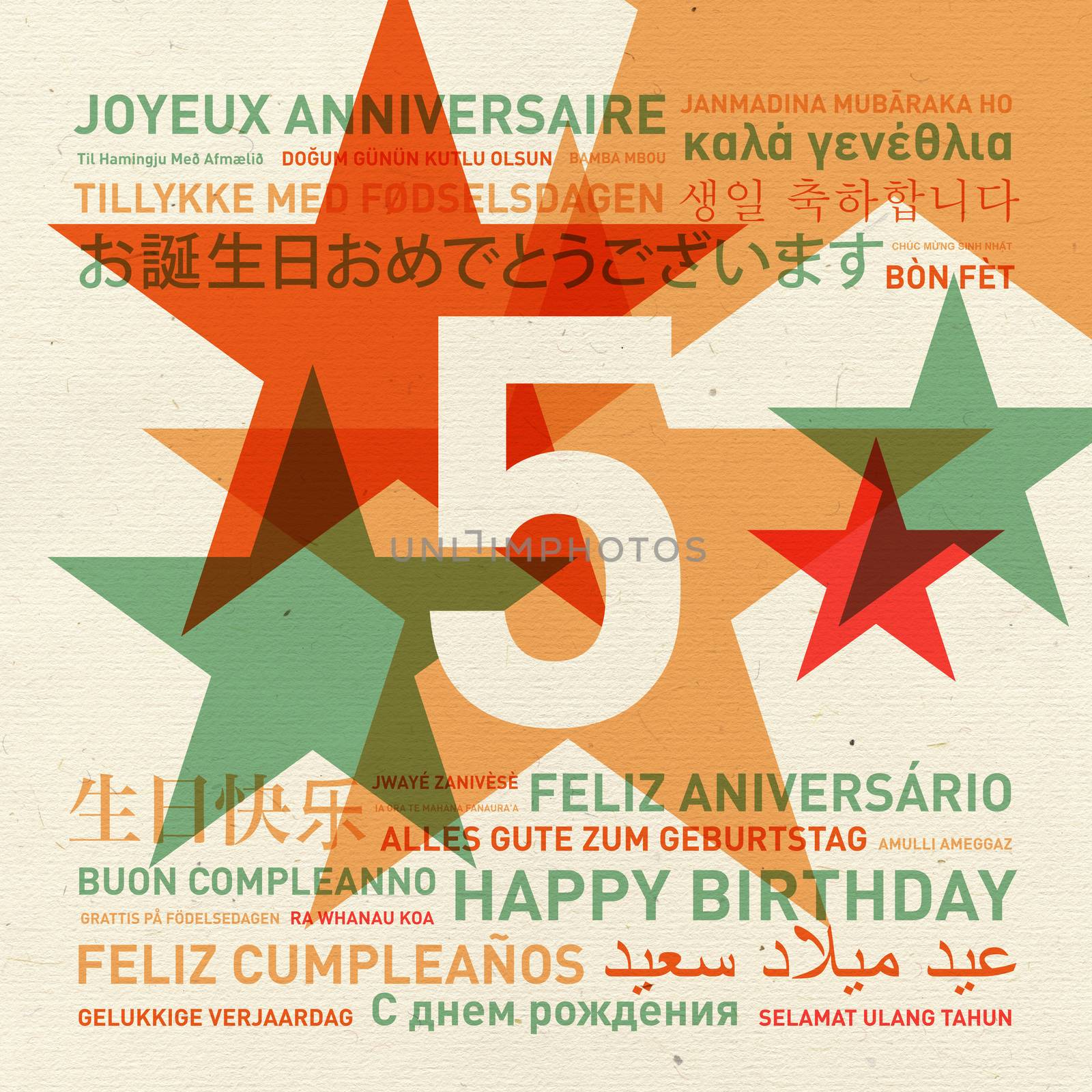 5th anniversary happy birthday from the world. Different languages celebration card