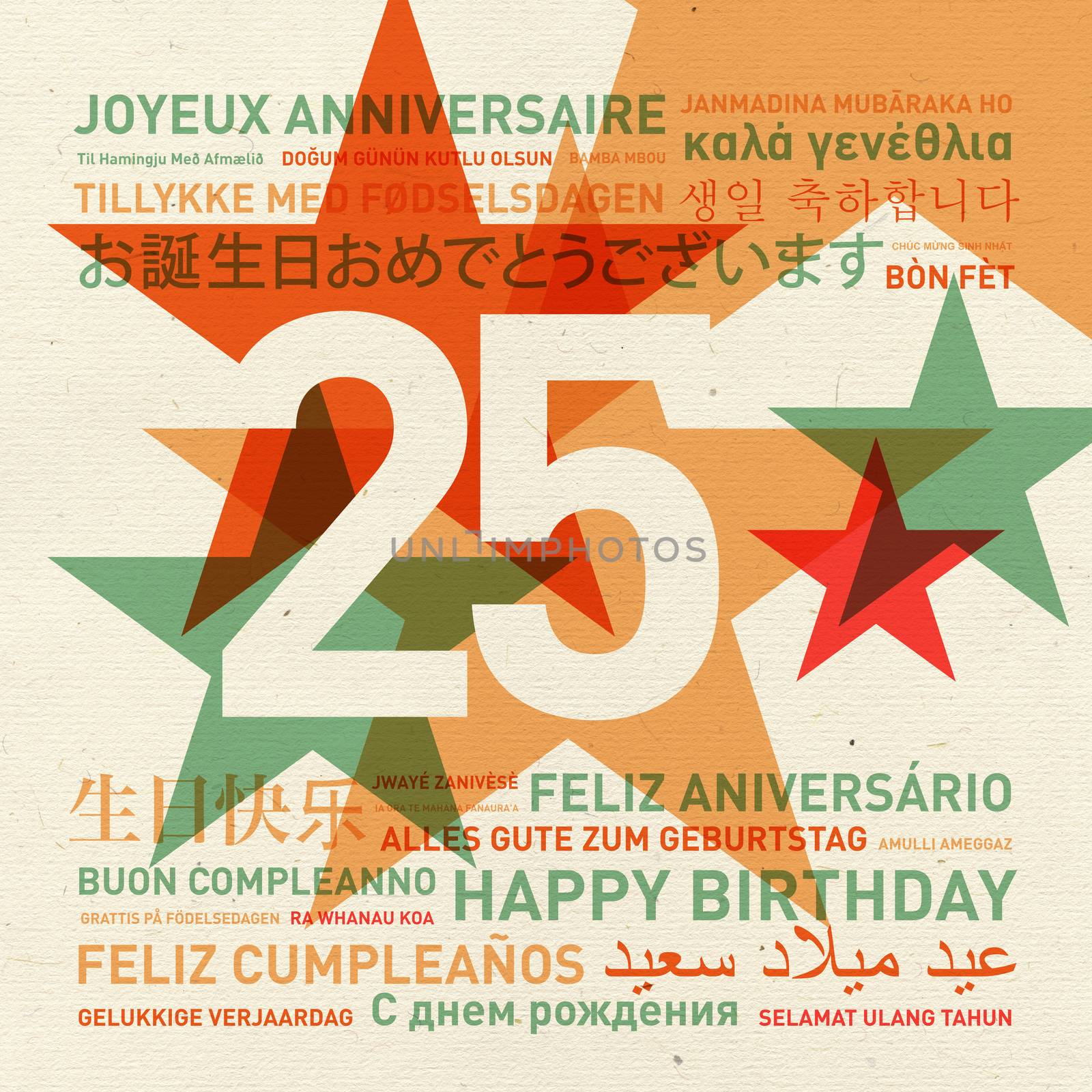 25th anniversary happy birthday from the world. Different languages celebration card
