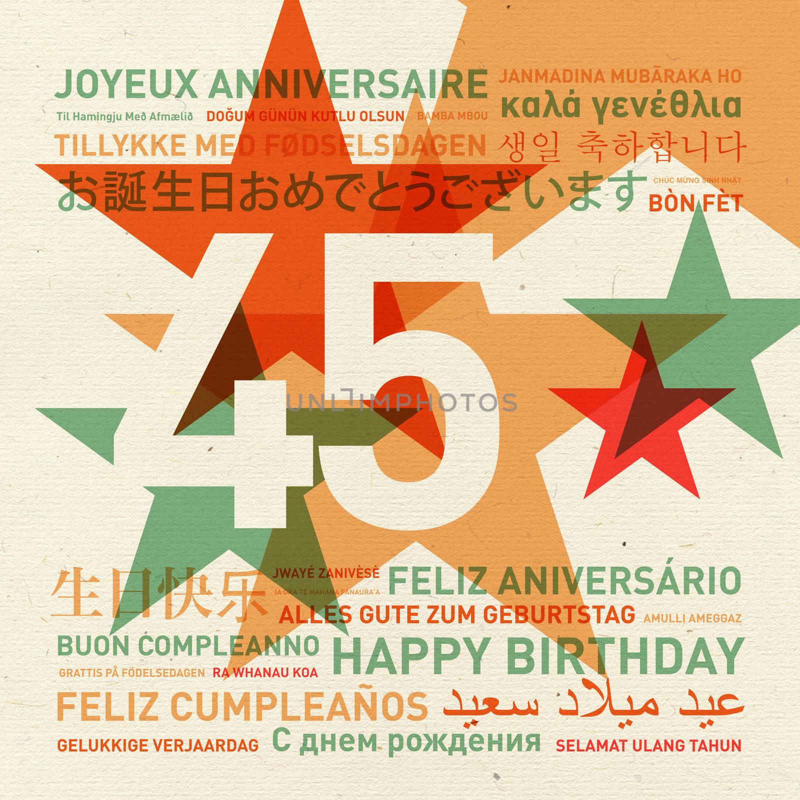 45th anniversary happy birthday from the world. Different languages celebration card