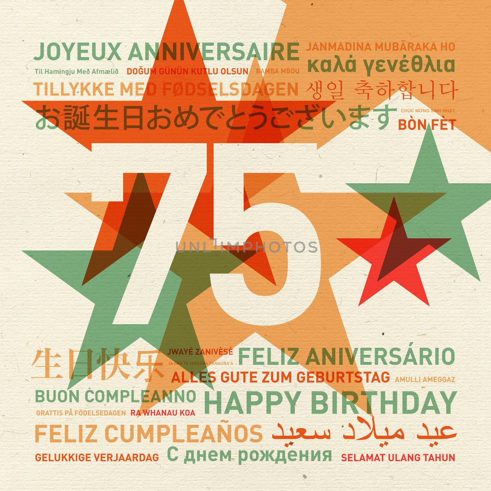 75th anniversary happy birthday from the world. Different languages celebration card
