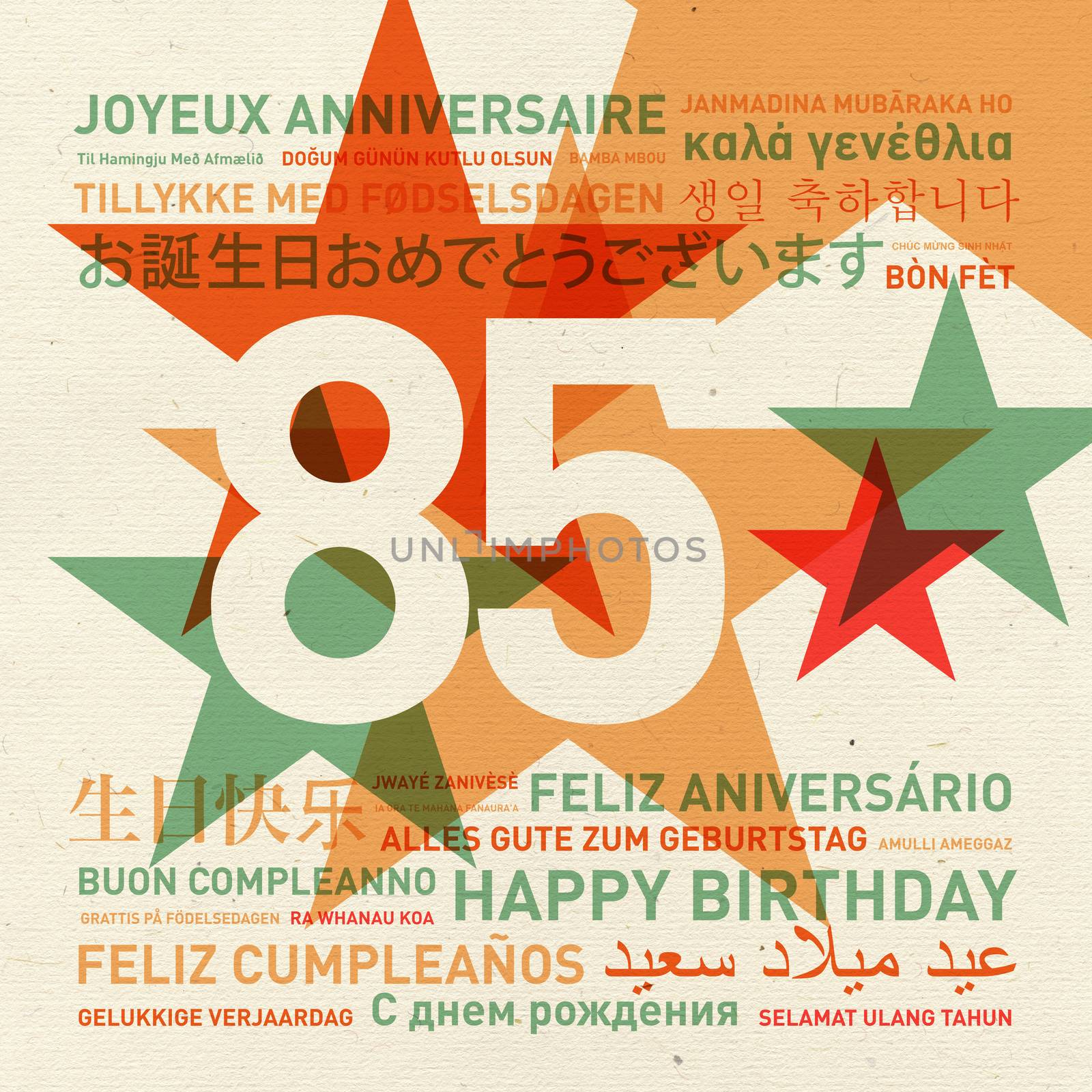 85th anniversary happy birthday from the world. Different languages celebration card