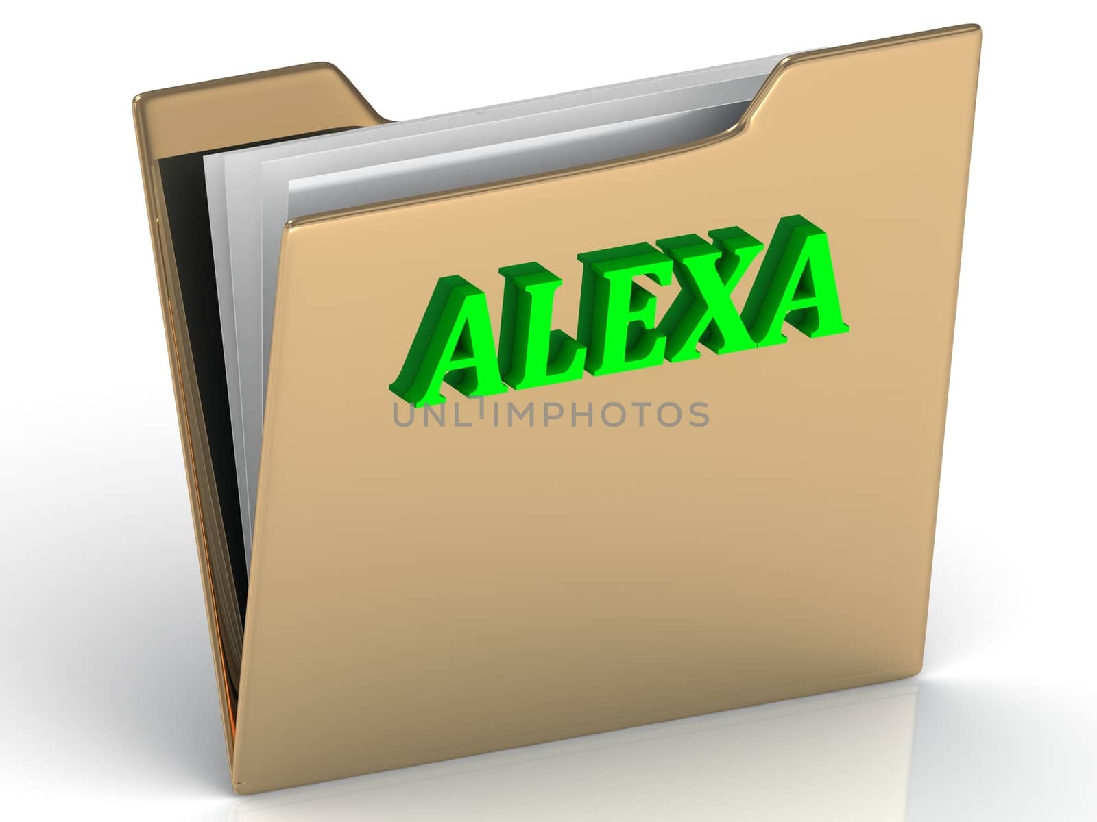 ALEXA- bright green letters on gold paperwork folder on a white background