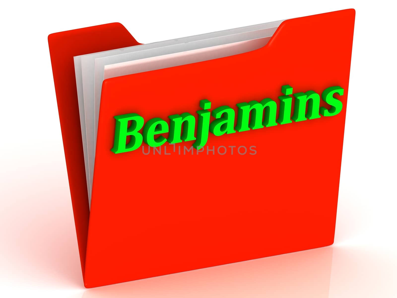 Benjamins- bright green letters on a gold folder on a white background