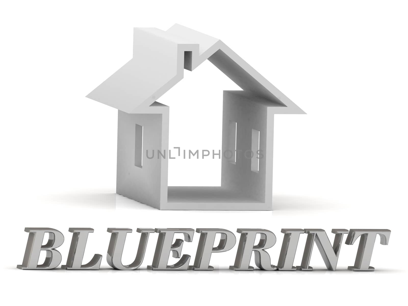 BLUEPRINT- inscription of silver letters and white house on white background