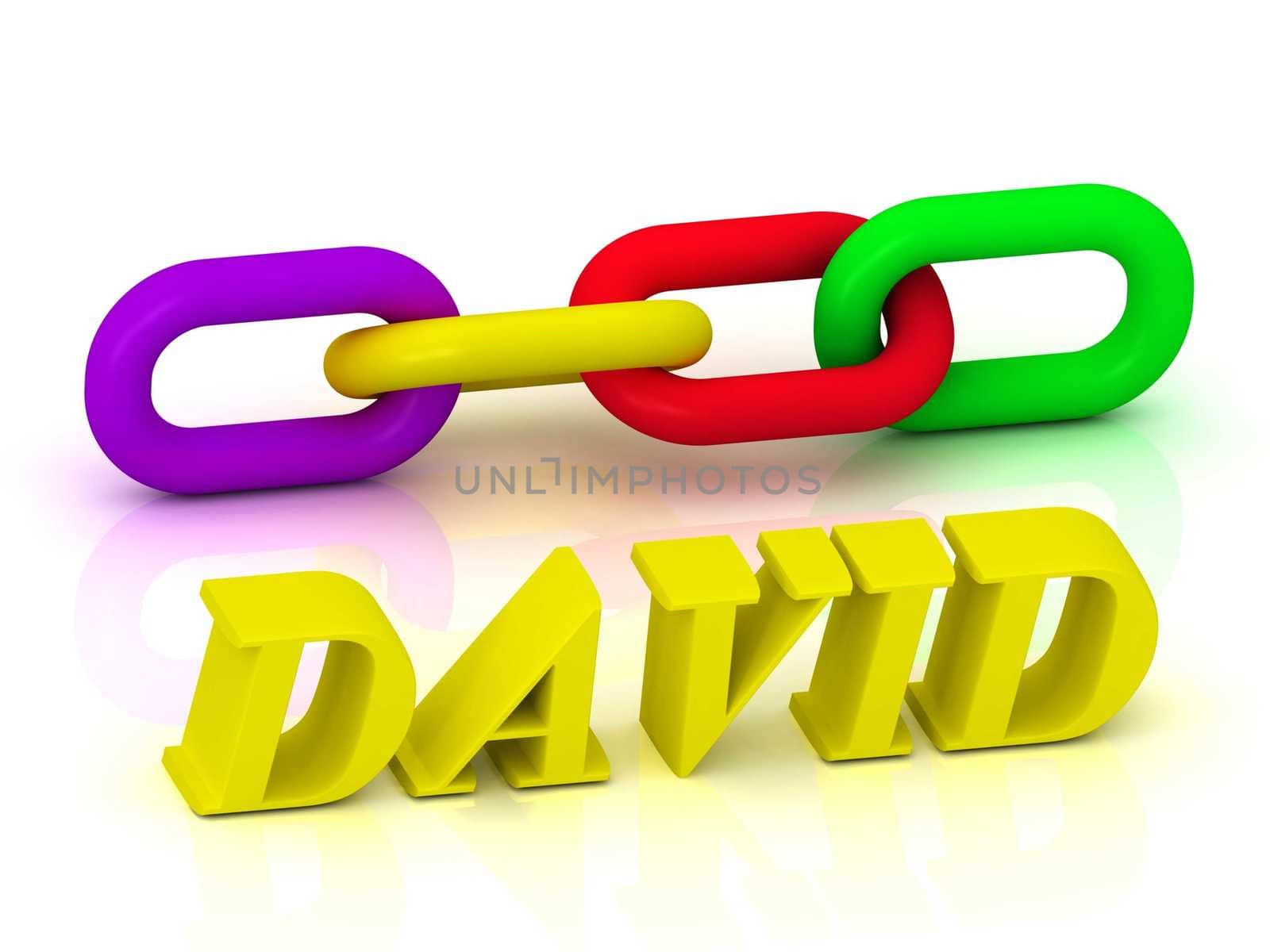 DAVID- Name and Family of bright yellow letters and chain of green, yellow, red section on white background