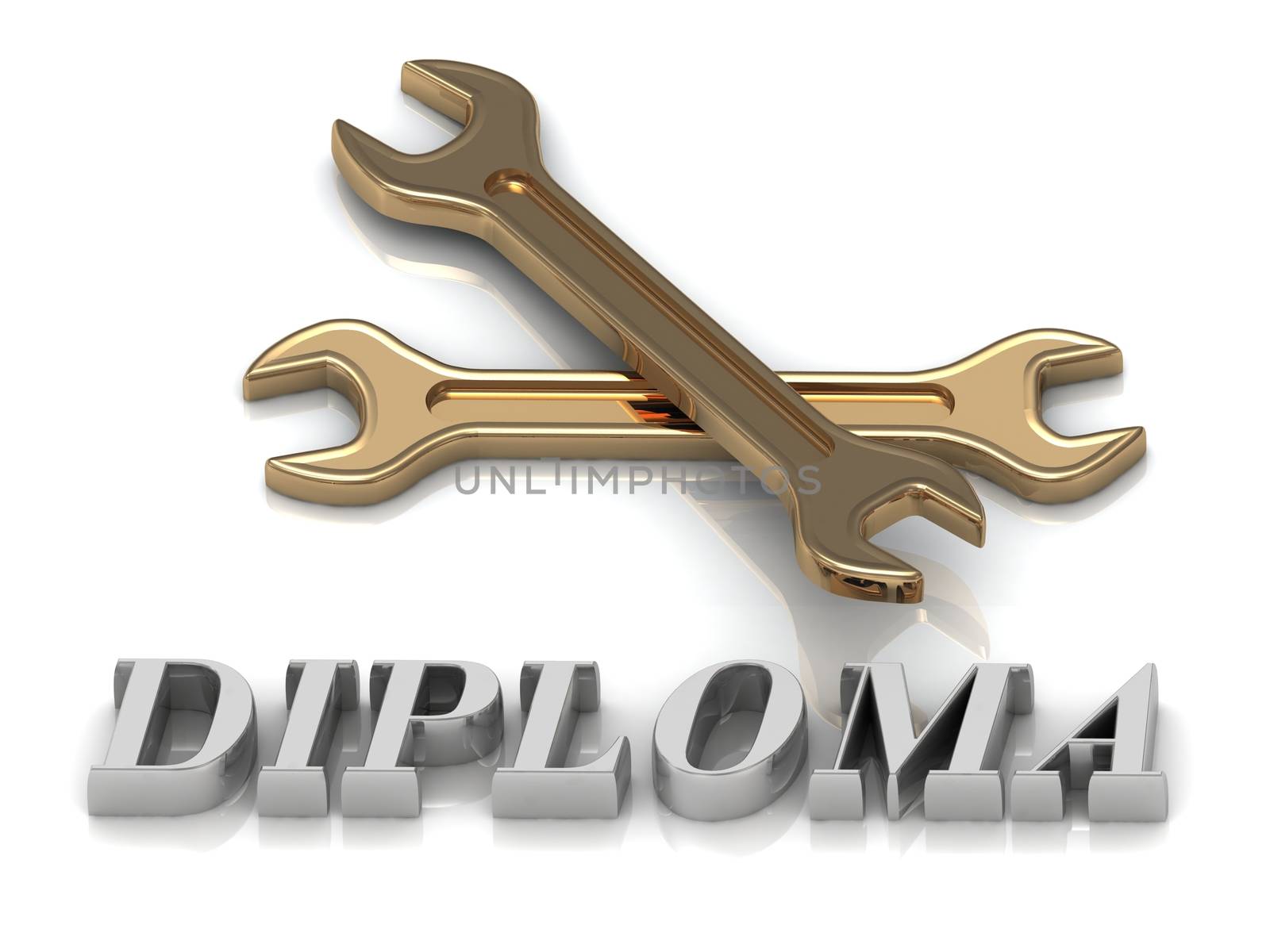 DIPLOMA- inscription of metal letters and 2 keys on white background