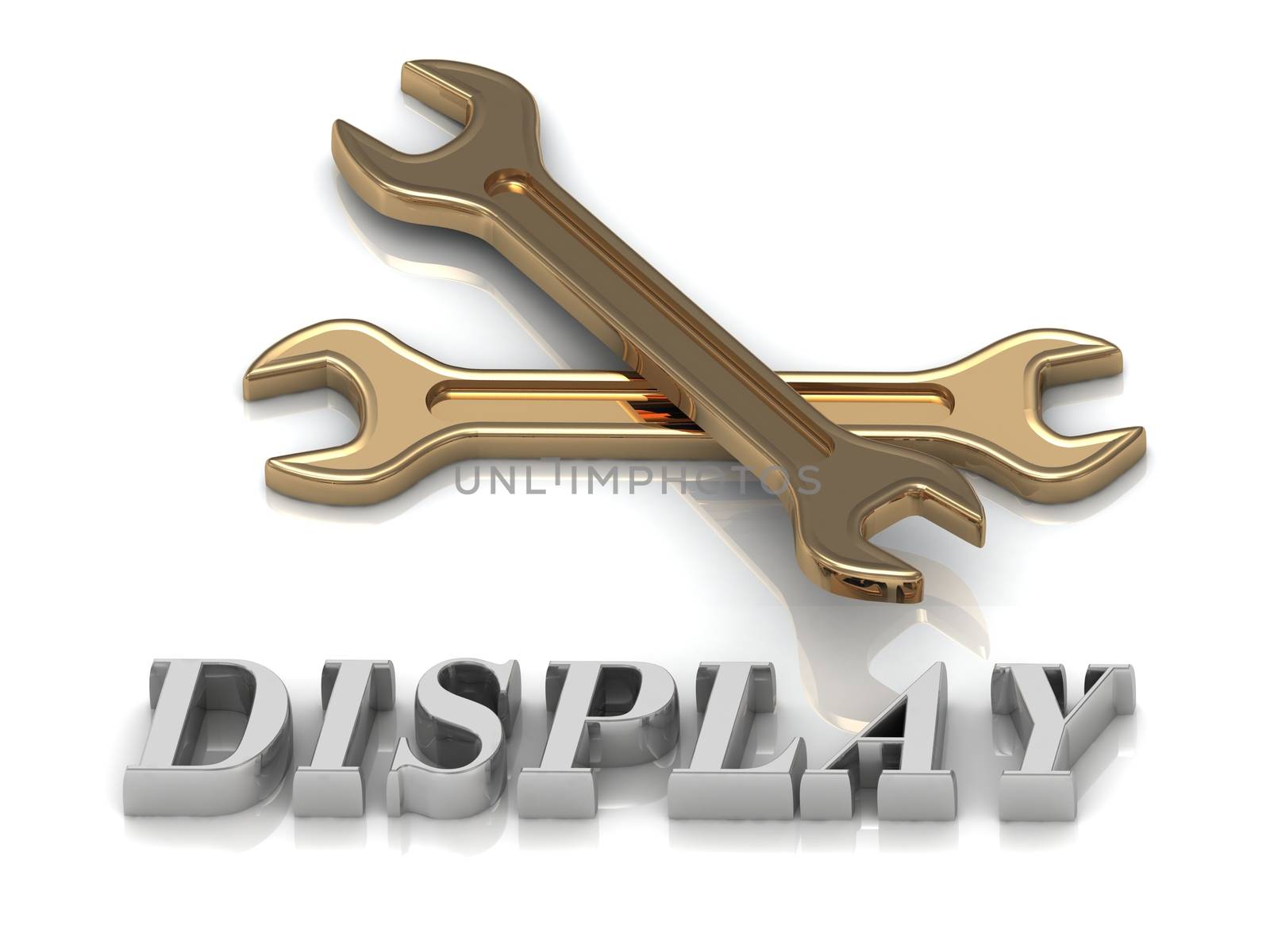 DISPLAY- inscription of metal letters and 2 keys on white background