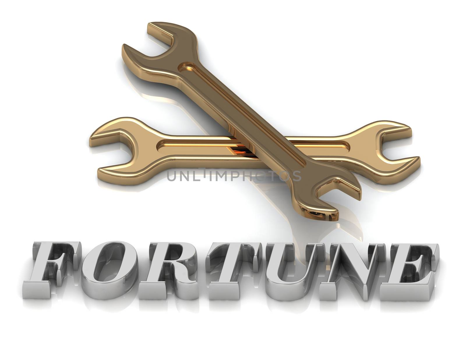 FORTUNE- inscription of metal letters and 2 keys on white background