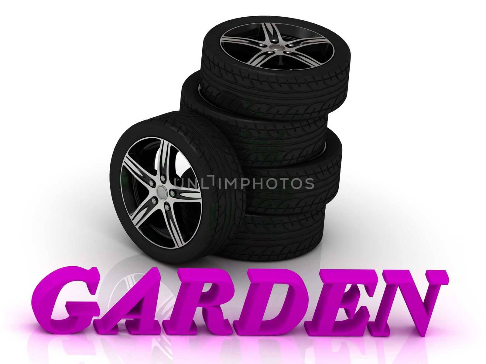 GARDEN- bright letters and rims mashine black wheels on a white background