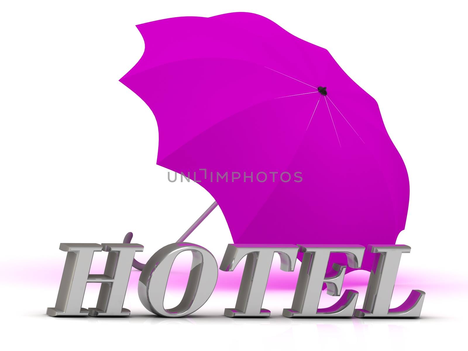 HOTEL- inscription of silver letters and umbrella on white background